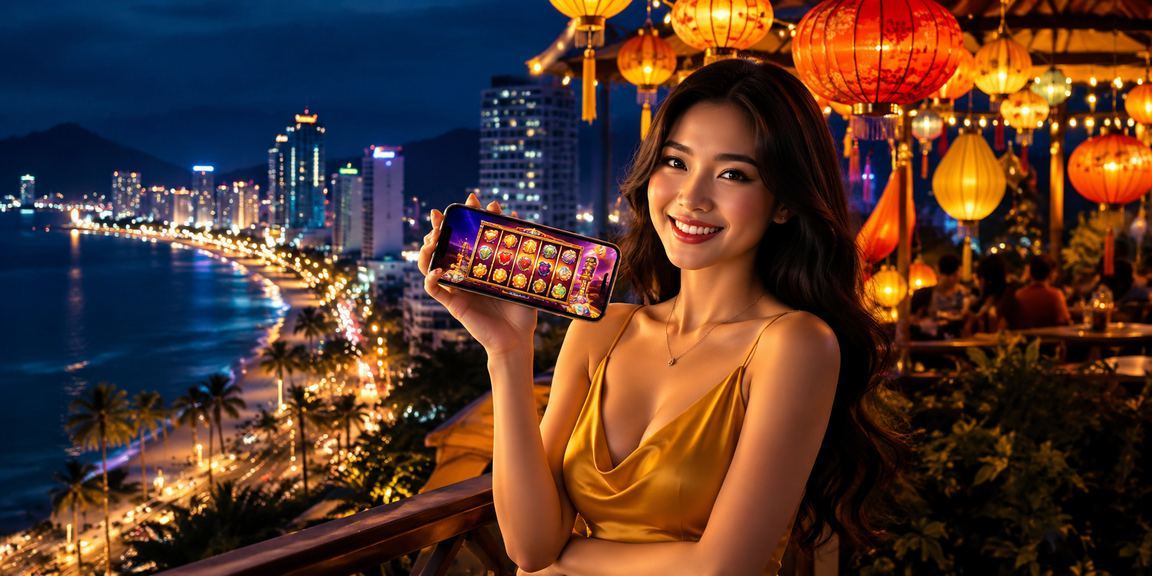 Người chơi thưởng thức slot game trên điện thoại tại phố đèn lồng Hội An